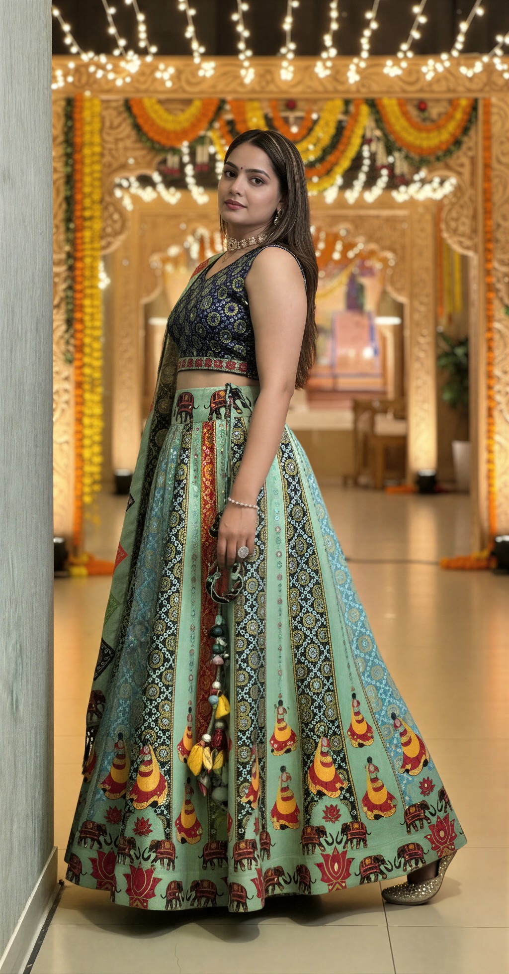 Black Pista Designer Printed Cotton Rayon Lehenga Choli