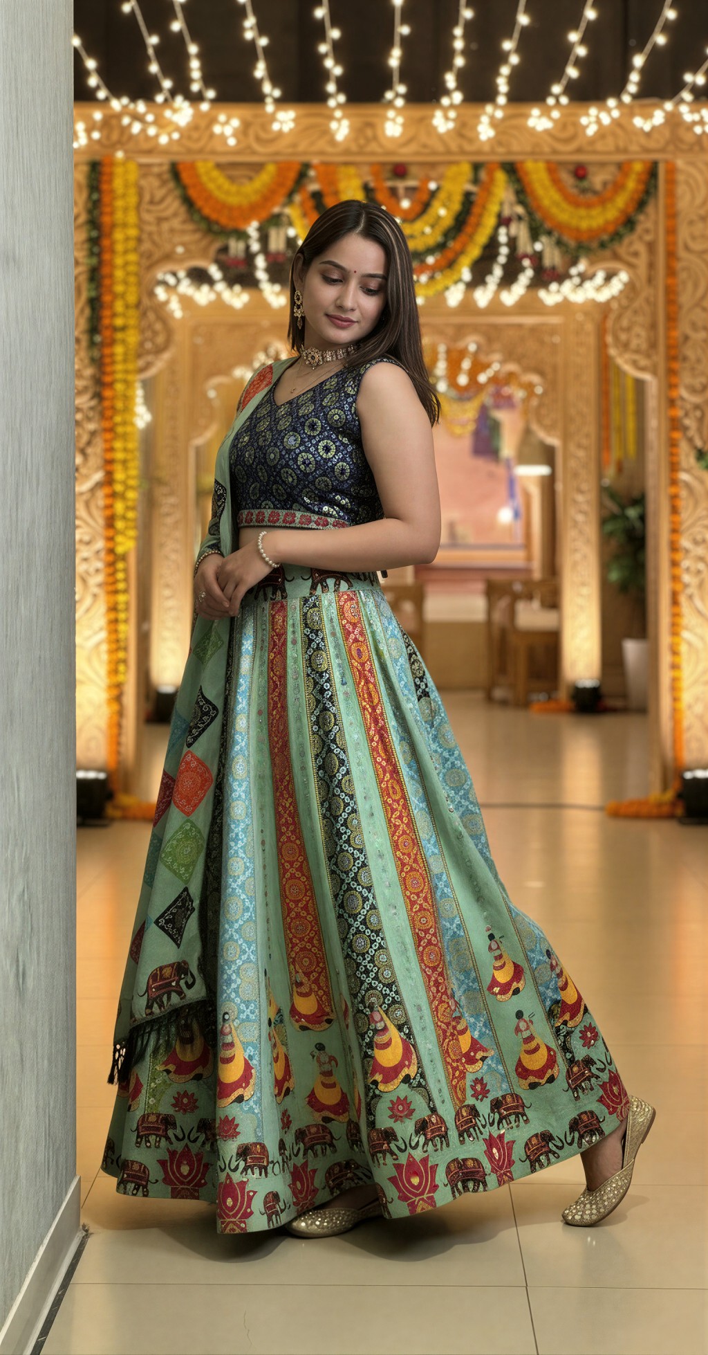Black Pista Designer Printed Cotton Rayon Lehenga Choli