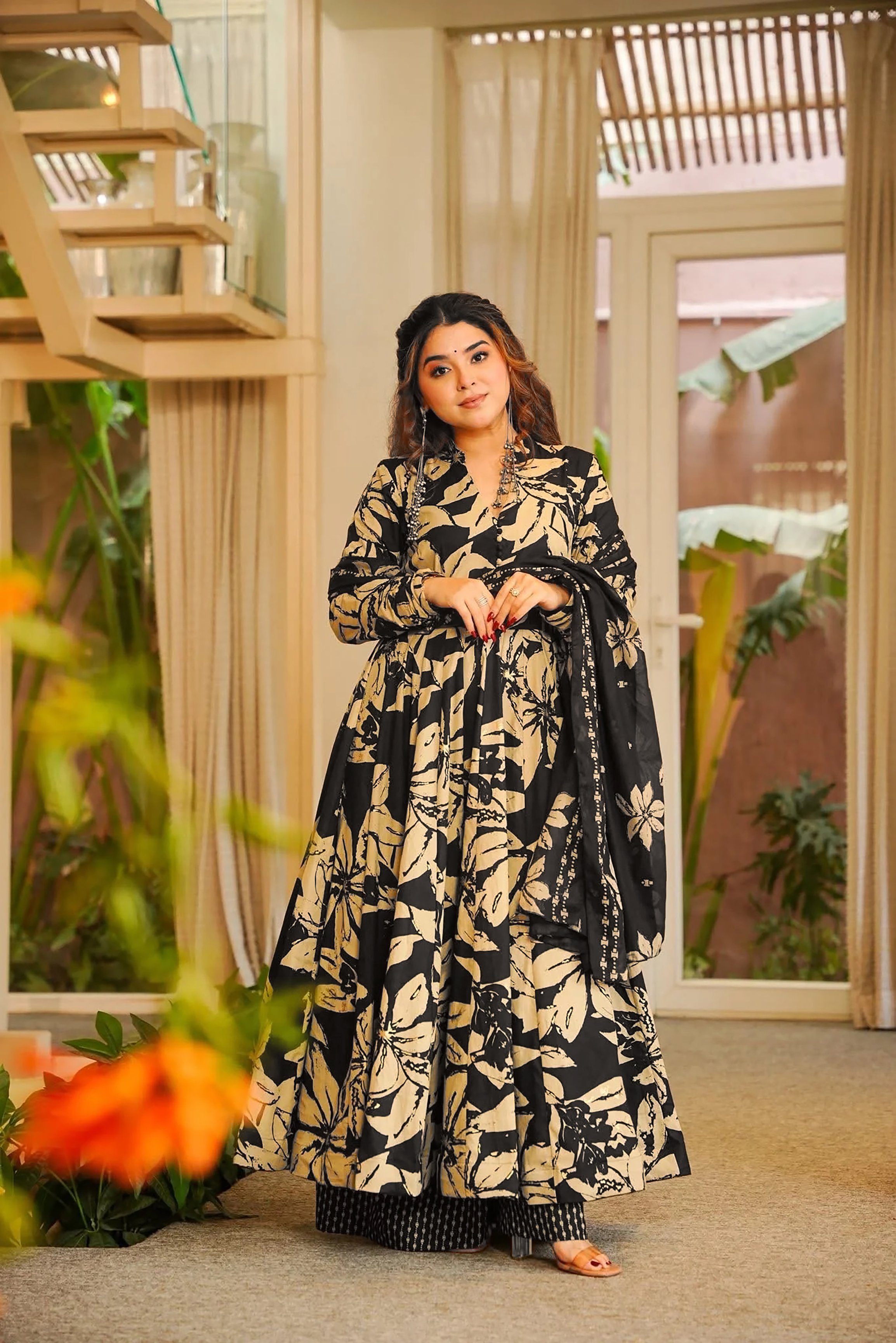 Black Printed A-Line Palazzo Suit