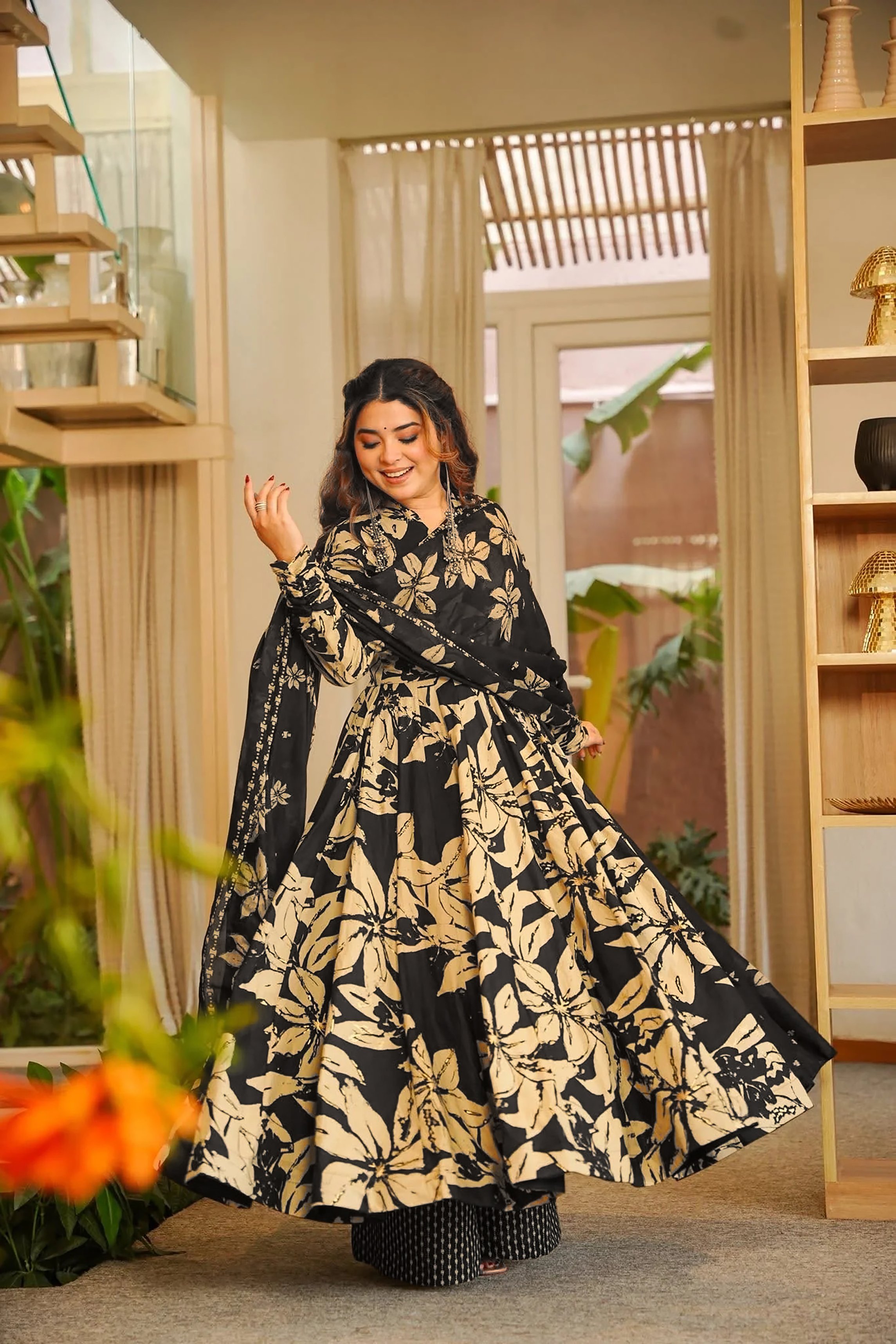 Black Printed A-Line Palazzo Suit
