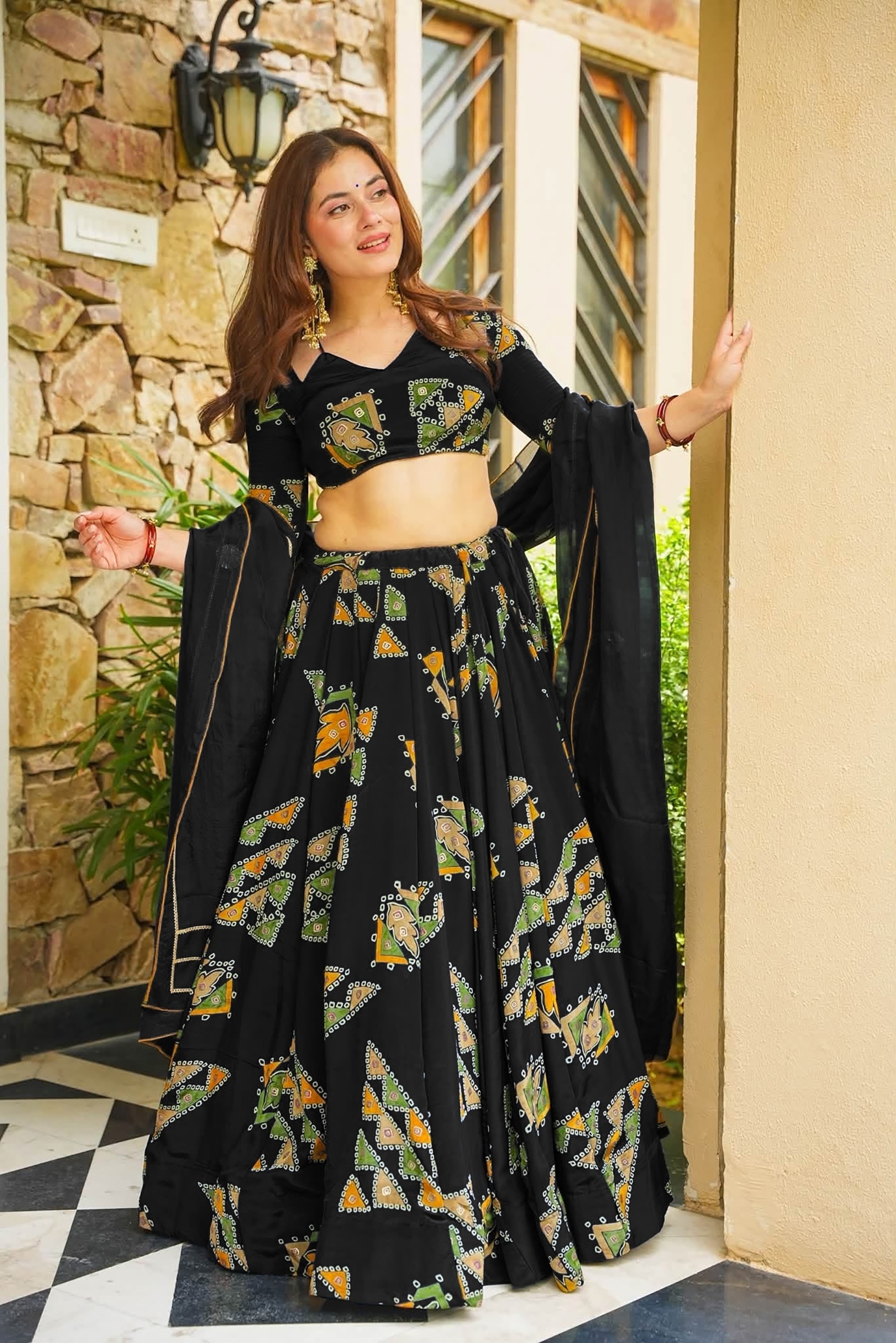 Black Printed Designer French Crepe Crop Top Lehenga
