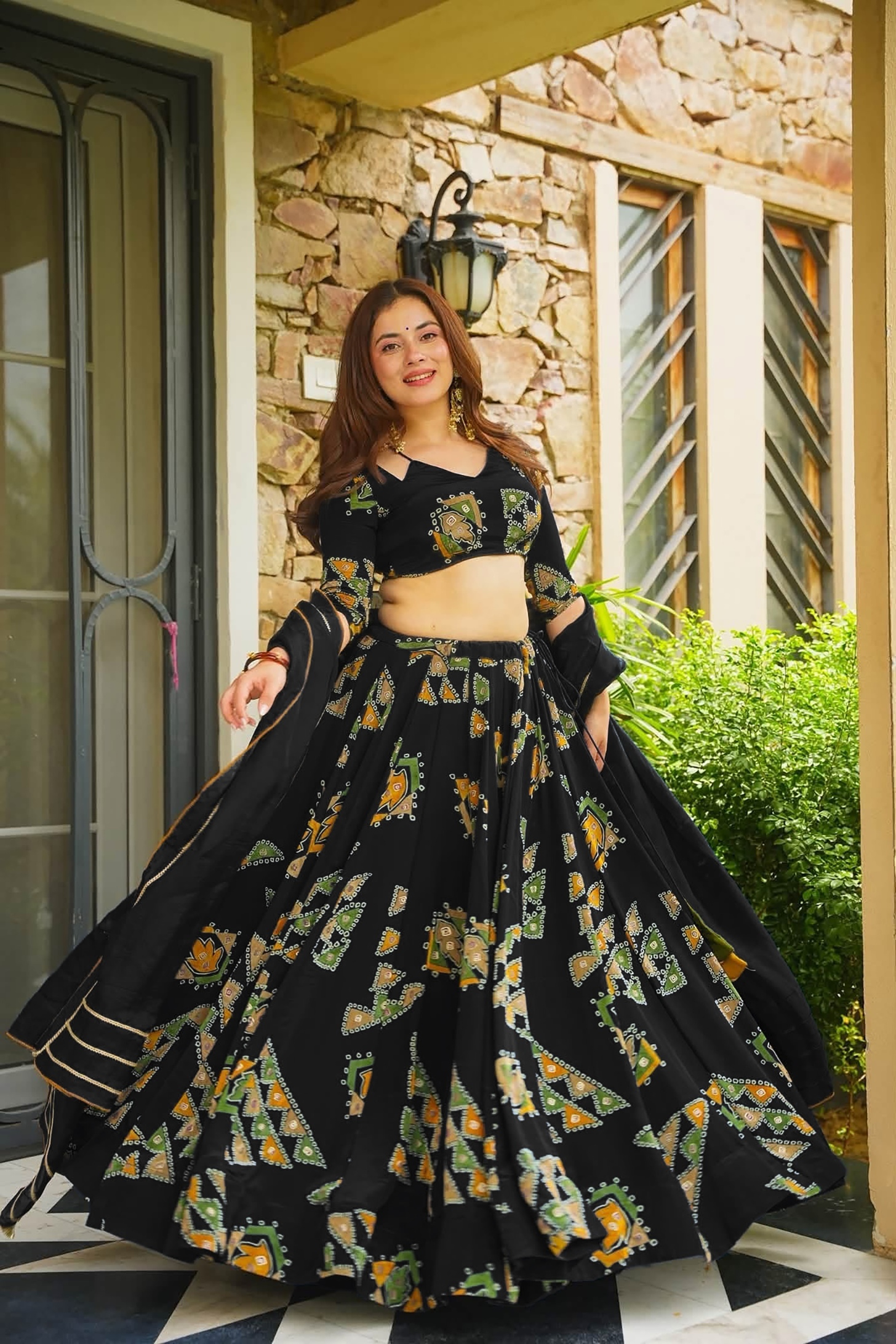 Black Printed Designer French Crepe Crop Top Lehenga
