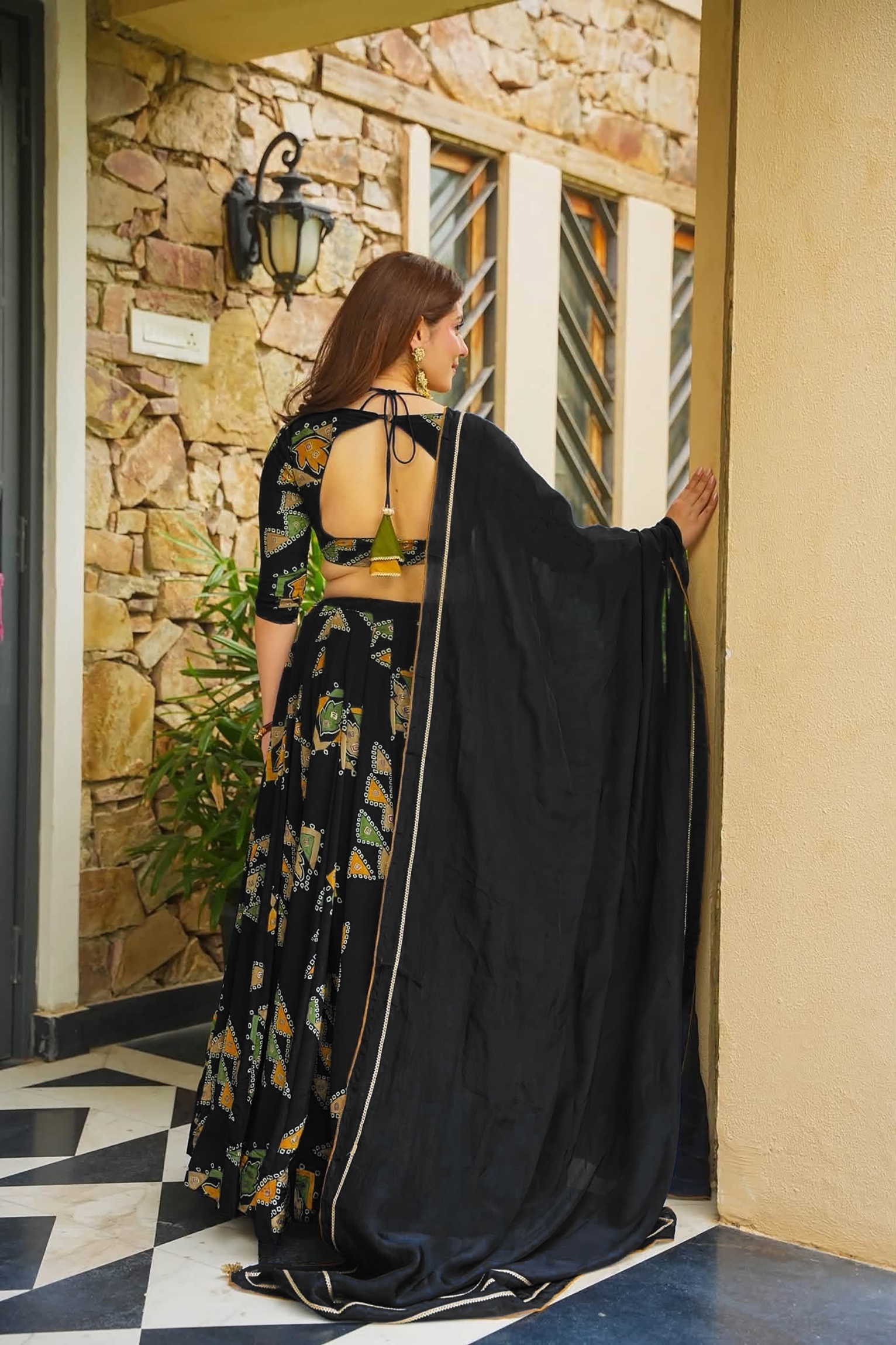 Black Printed Designer French Crepe Crop Top Lehenga