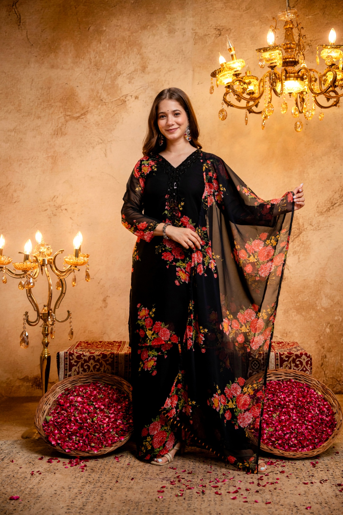 Black Printed Faux Georgette Palazzo Suit