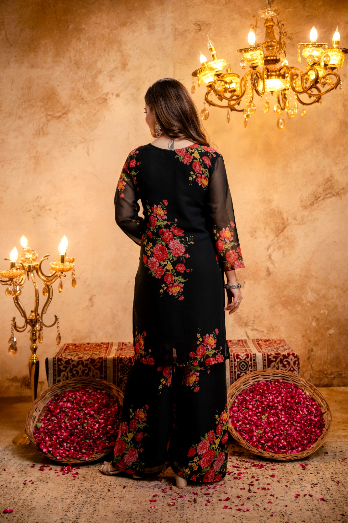 Black Printed Faux Georgette Palazzo Suit — alternate view