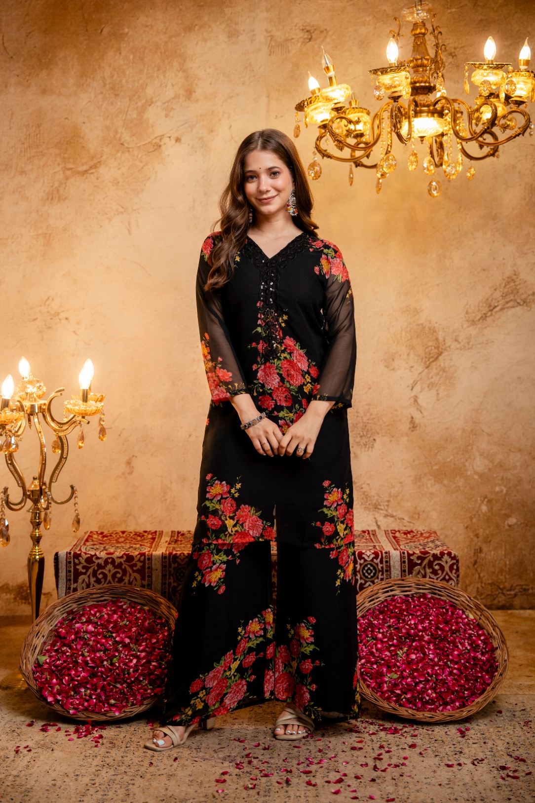 Black Printed Faux Georgette Palazzo Suit