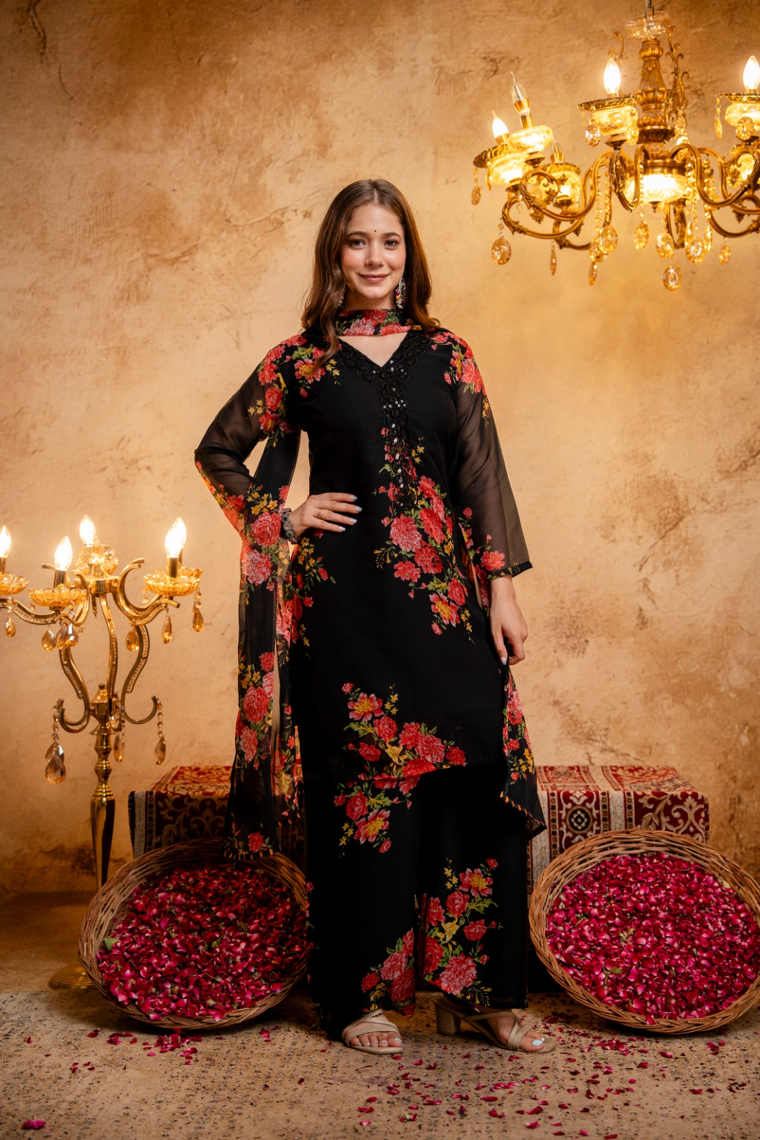 Black Printed Faux Georgette Palazzo Suit