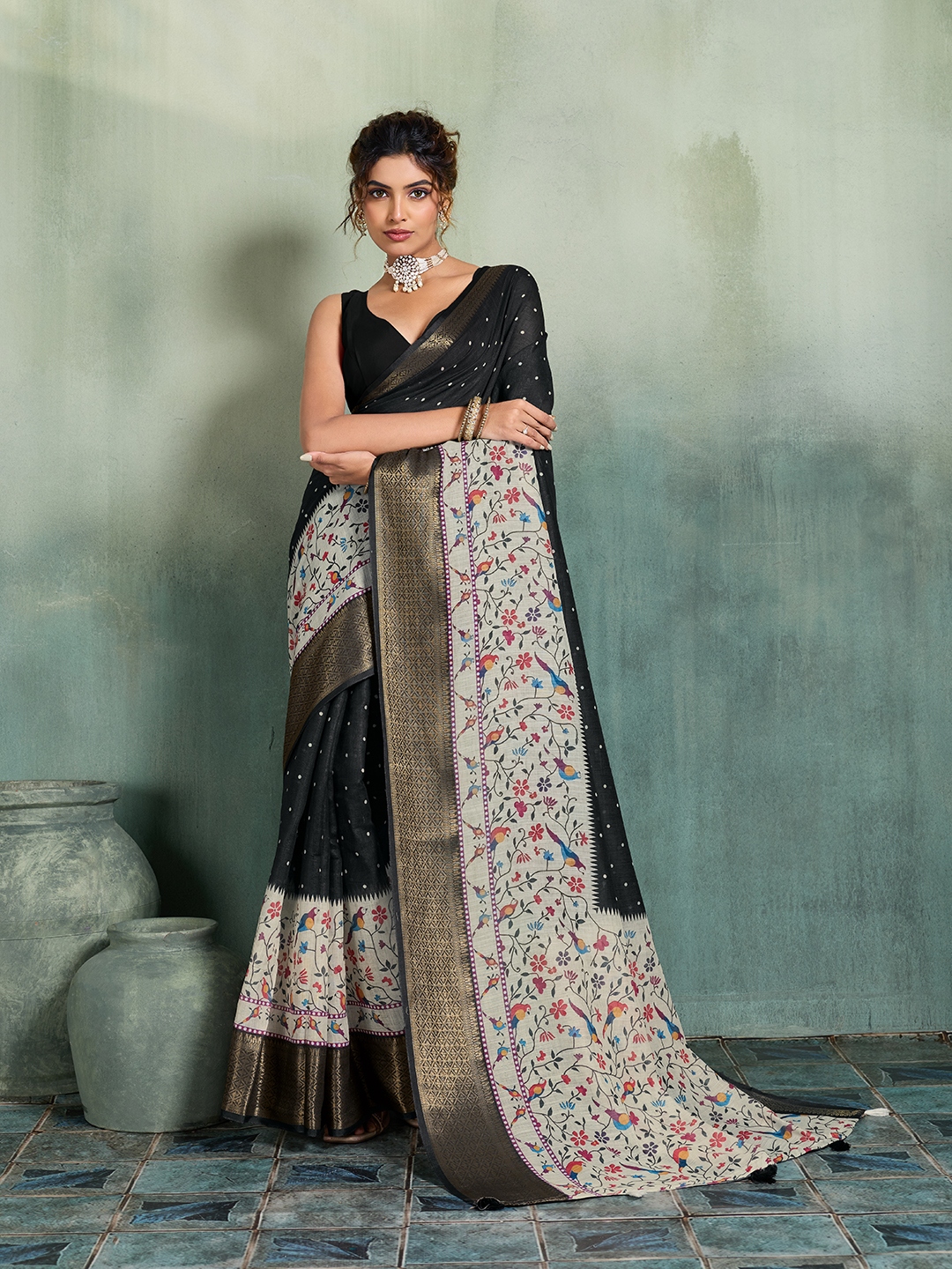 Black Printed Jari Border Linen Saree
