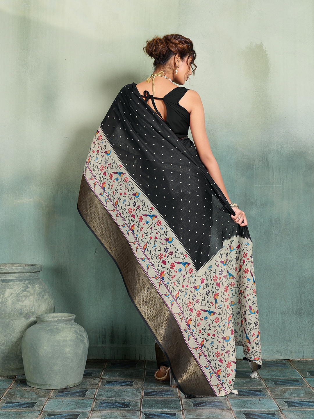 Black Printed Jari Border Linen Saree — alternate view