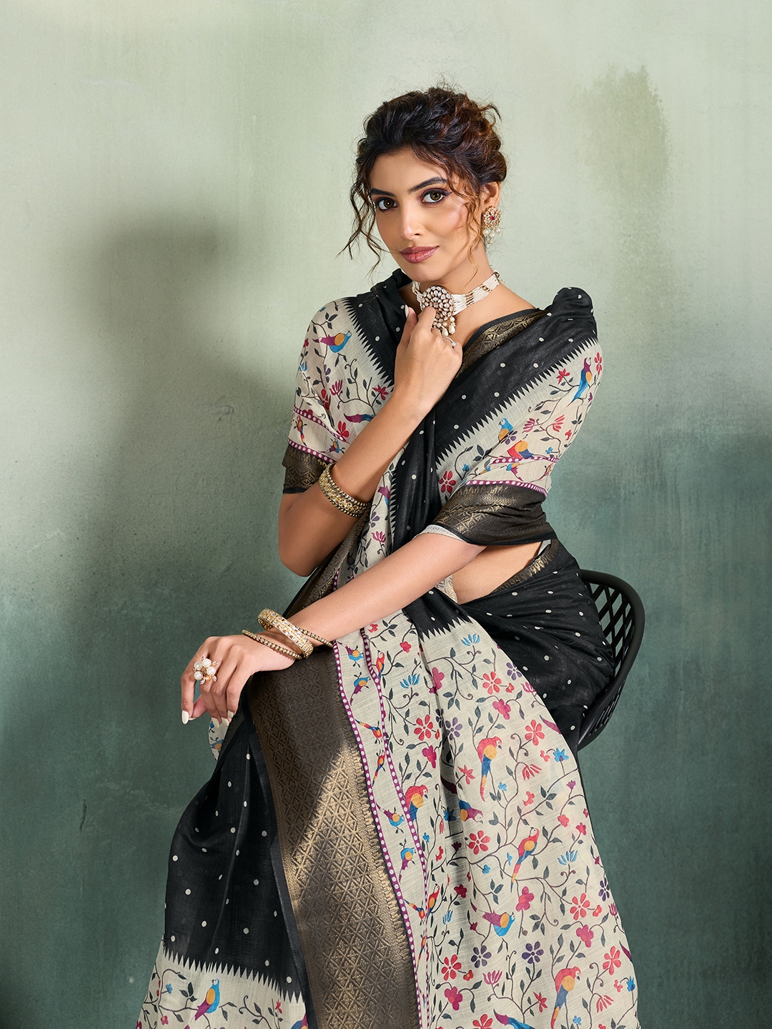 Black Printed Jari Border Linen Saree
