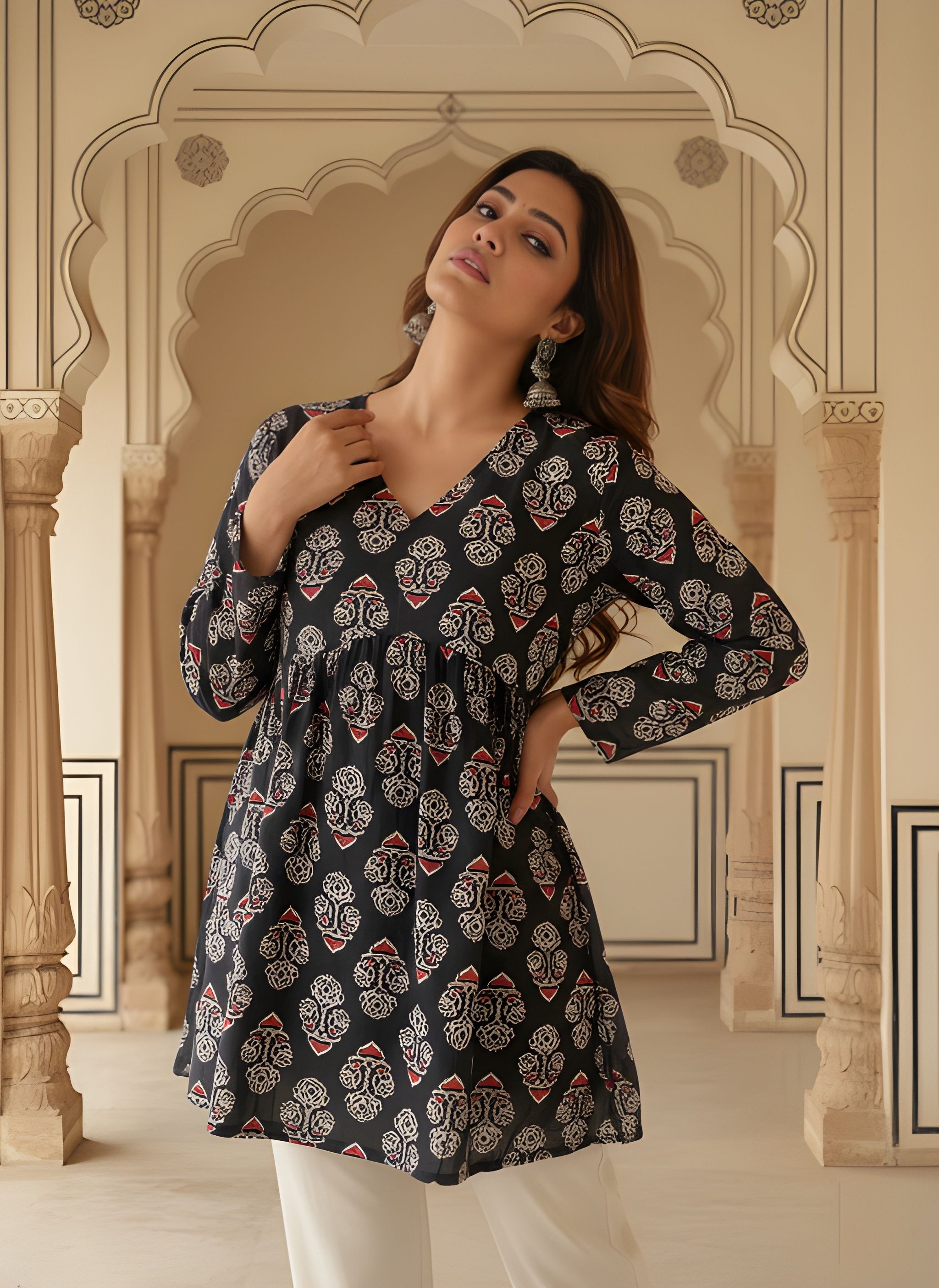 Black Printed Rayon A-Line Kurti