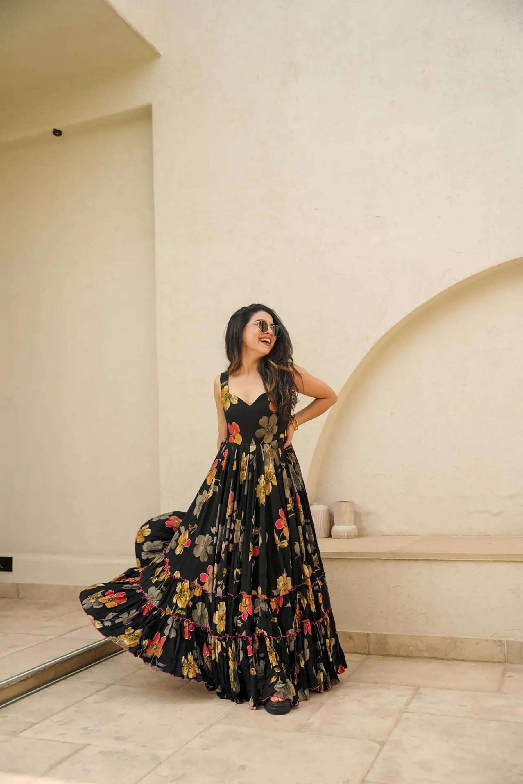 Black Printed Rayon Gown