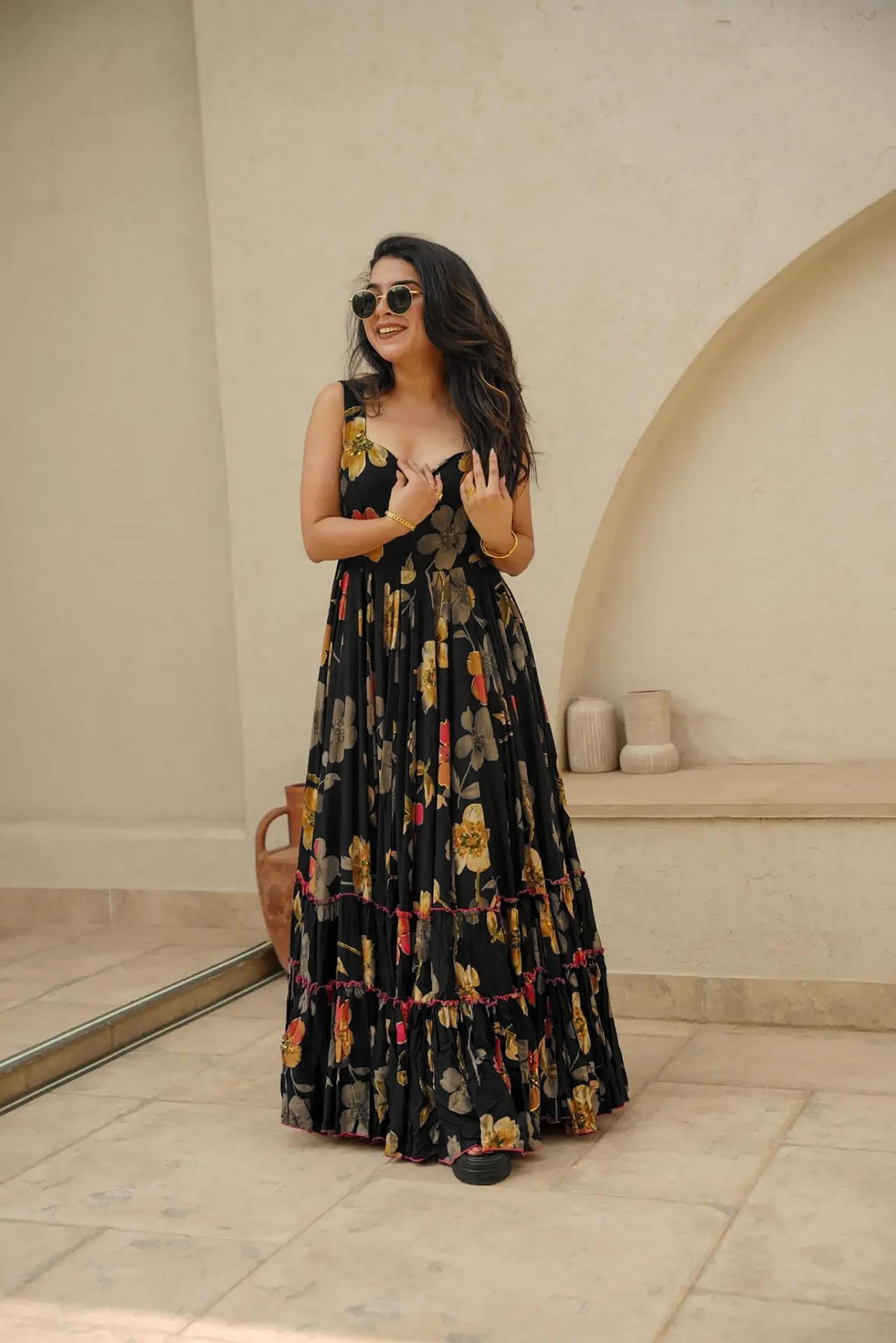 Black Printed Rayon Gown