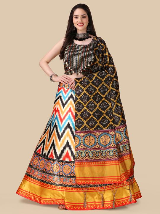 Black Printed Satin Silk Lehenga