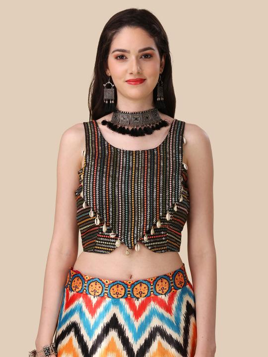 Black Printed Satin Silk Lehenga