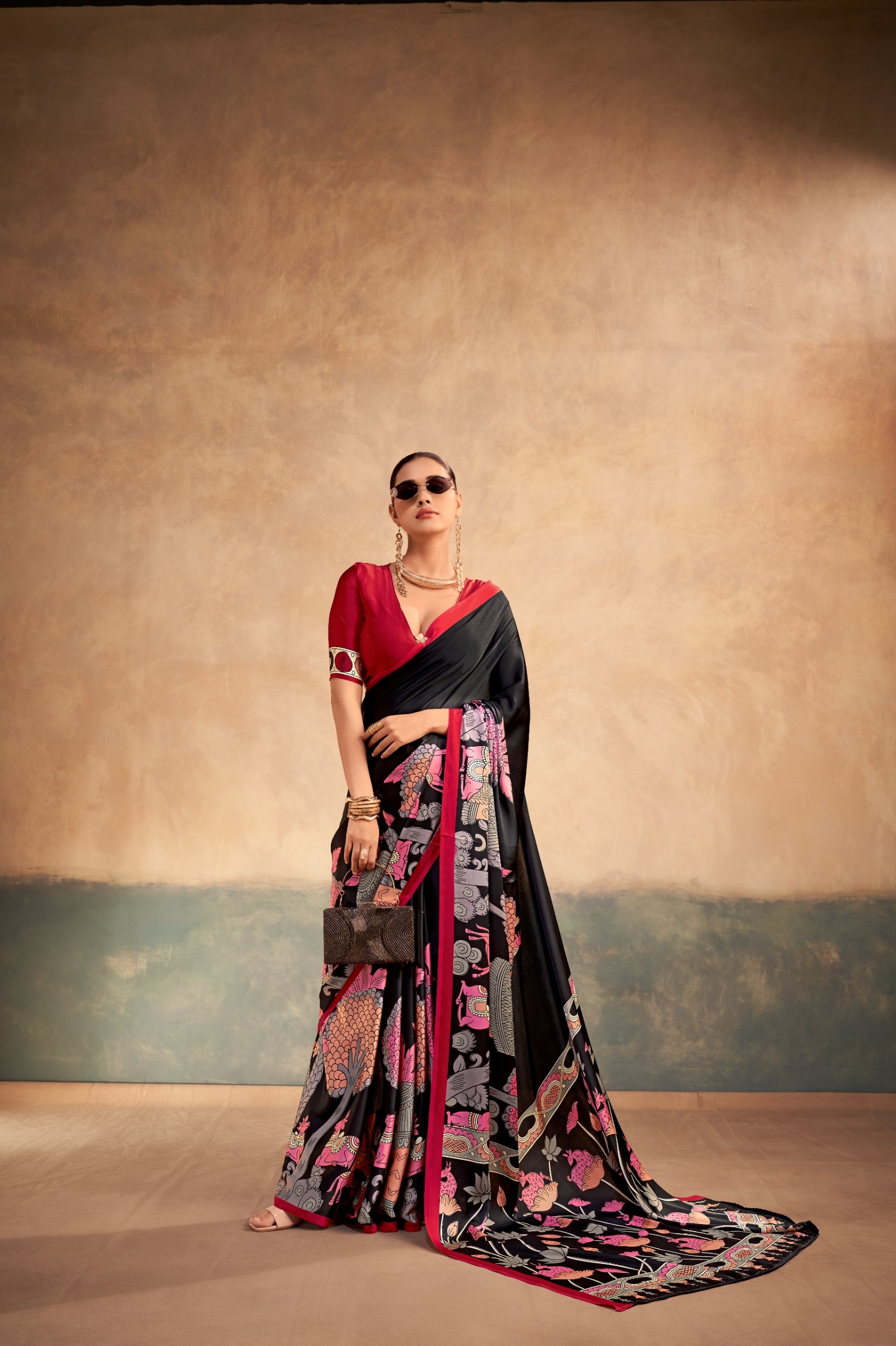 Black Printed Satin Silk Saree