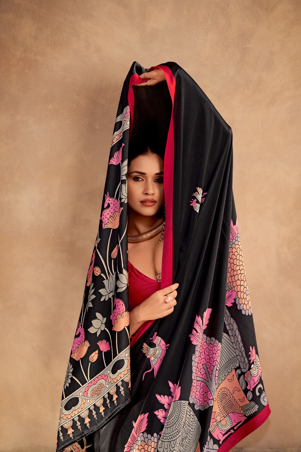 Black Printed Satin Silk Saree — alternate view