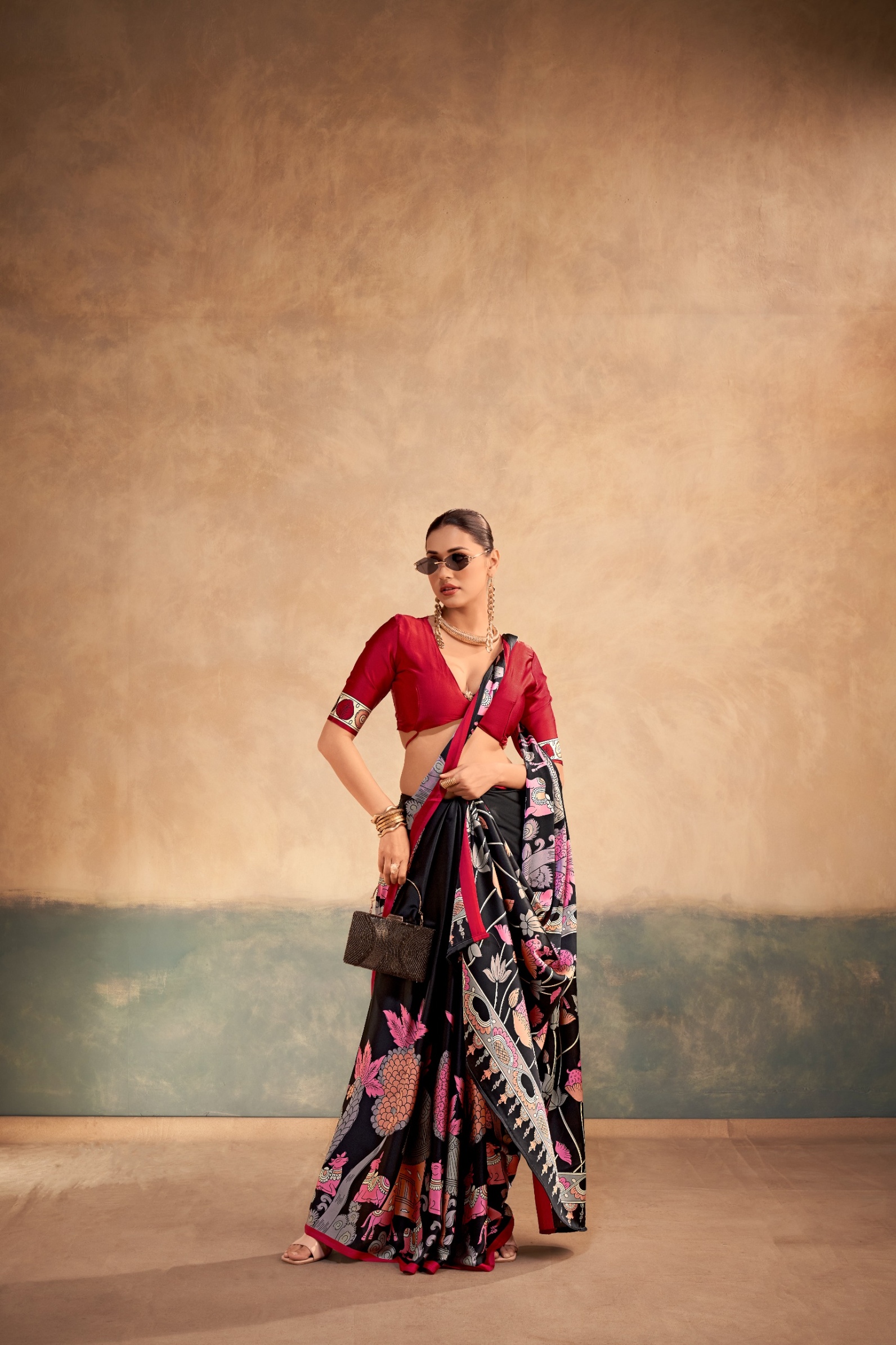 Black Printed Satin Silk Saree