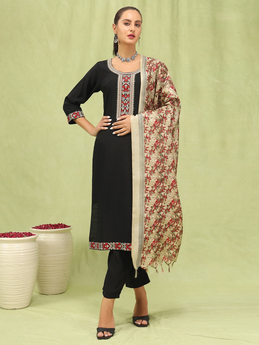 Black Printed Silk Salwar Suit