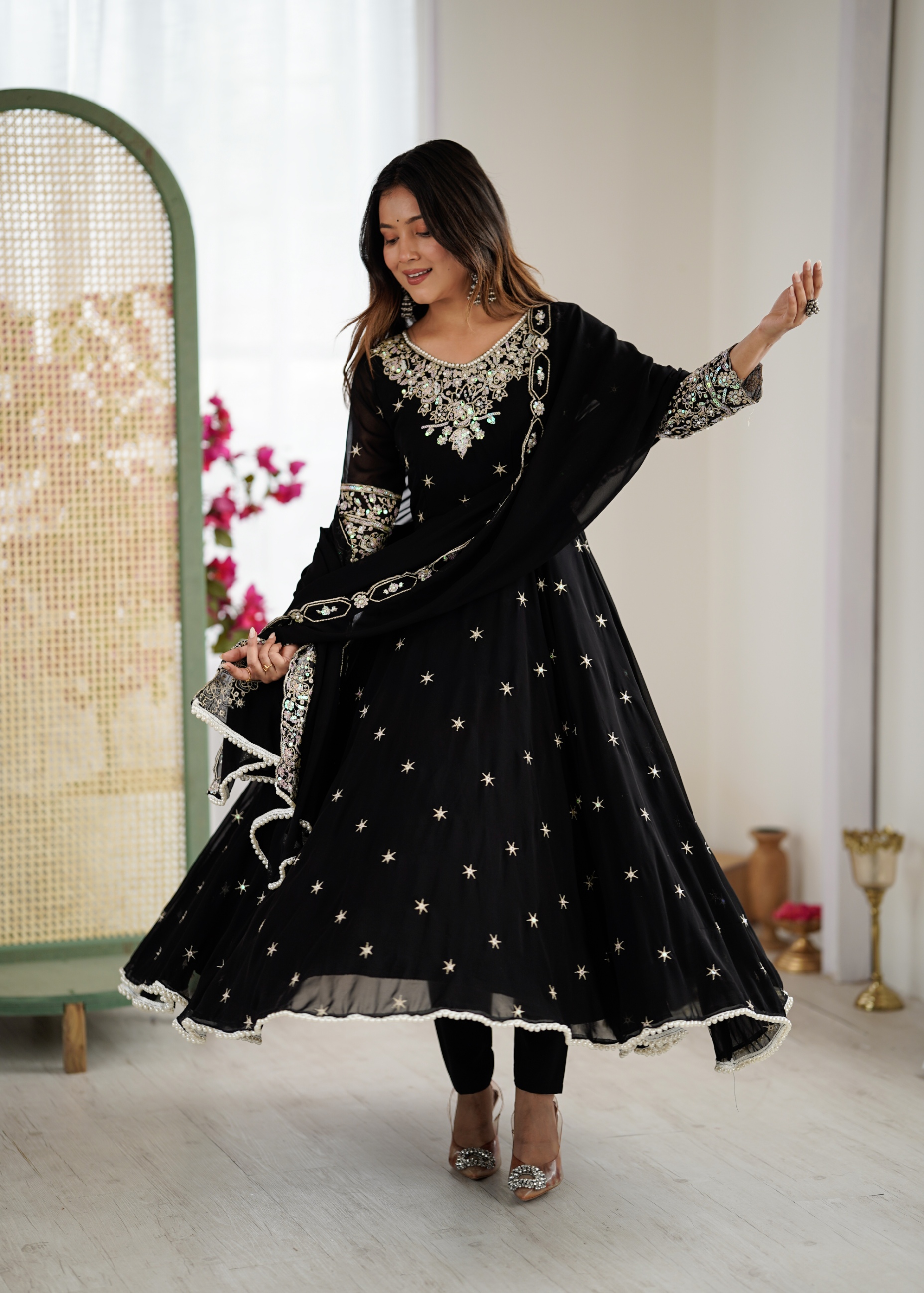 Black Rainbow Sequins Anarkali Suit