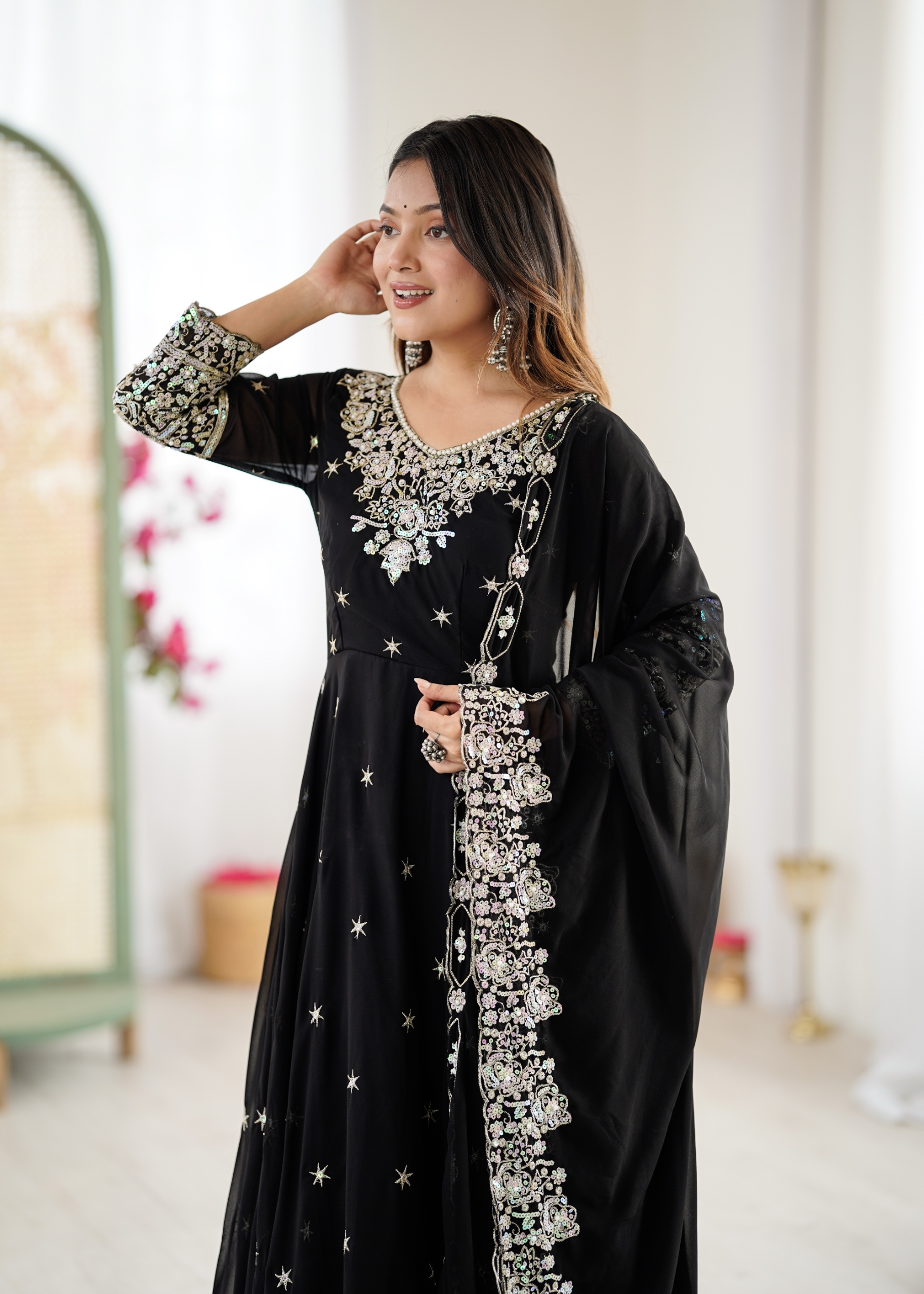 Black Rainbow Sequins Anarkali Suit