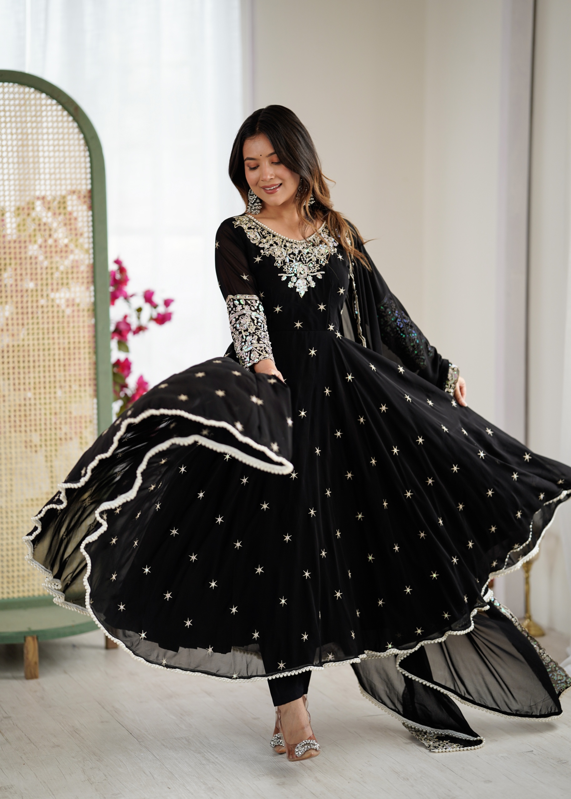 Black Rainbow Sequins Anarkali Suit