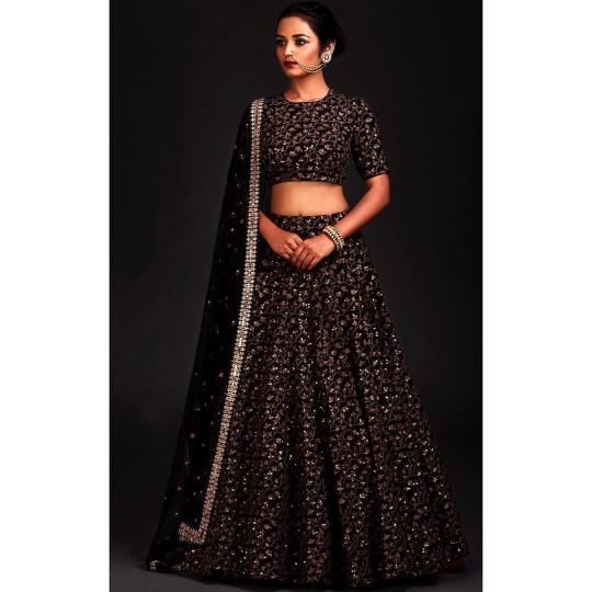 Black Raw Silk Embroidered Lehenga Choli