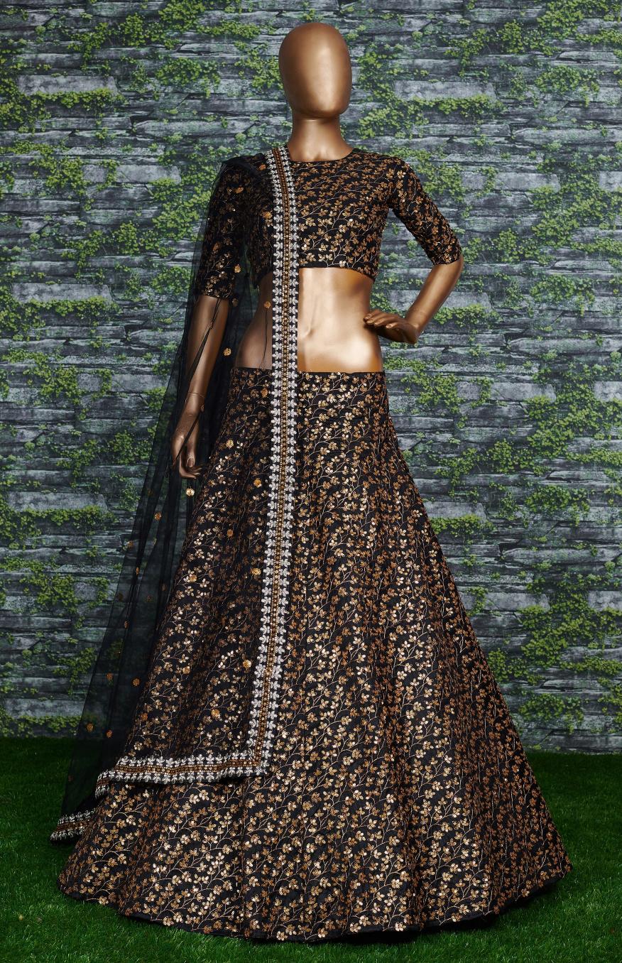 Black Raw Silk Embroidered Lehenga Choli