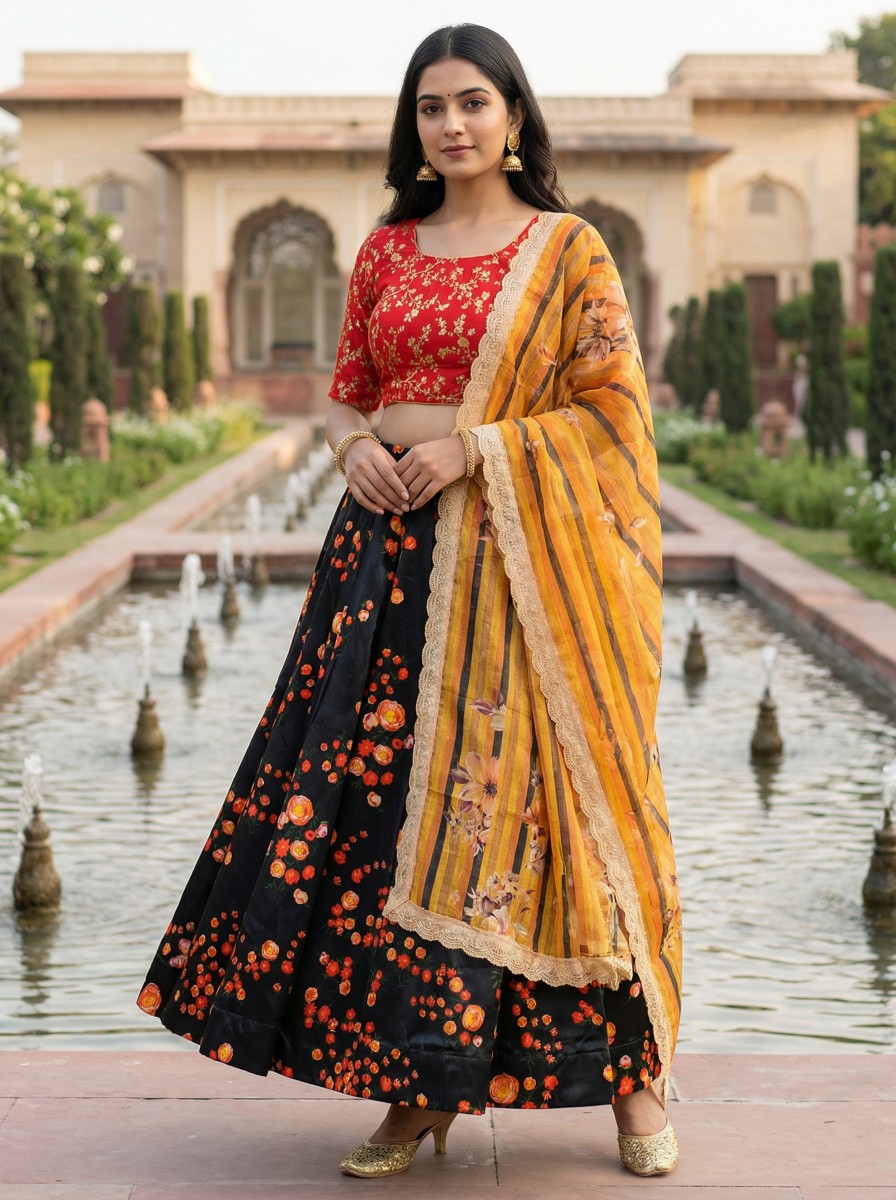 Black Red Designer Print Satin Silk Lehenga Choli