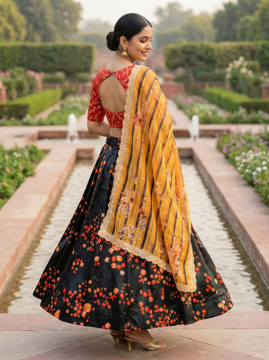 Black Red Designer Print Satin Silk Lehenga Choli — alternate view