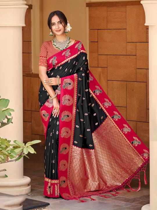 Black Red Woven Designer Silk Saree