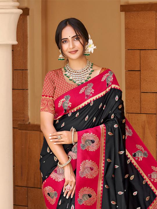 Black Red Woven Designer Silk Saree
