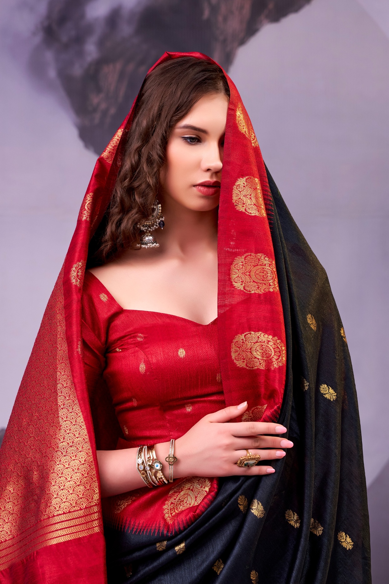 Black Red Zari Poly Cotton Saree — alternate view
