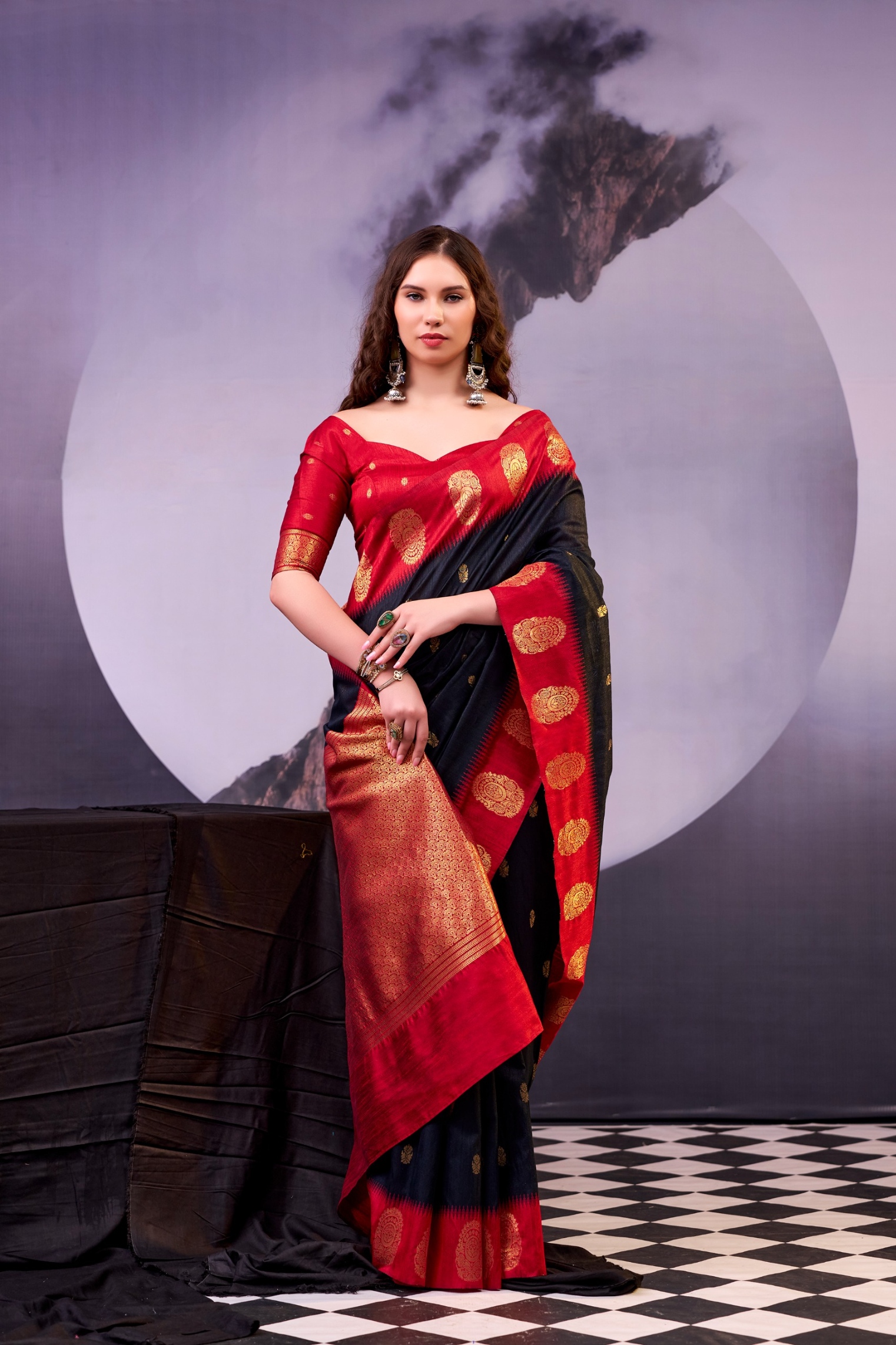 Black Red Zari Poly Cotton Saree