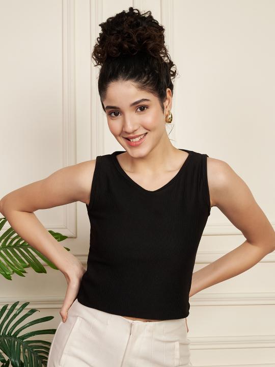 Black Ribbed Knitted Women’s Tank Top
