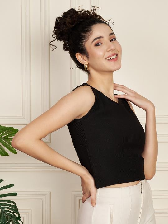 Black Ribbed Knitted Women’s Tank Top