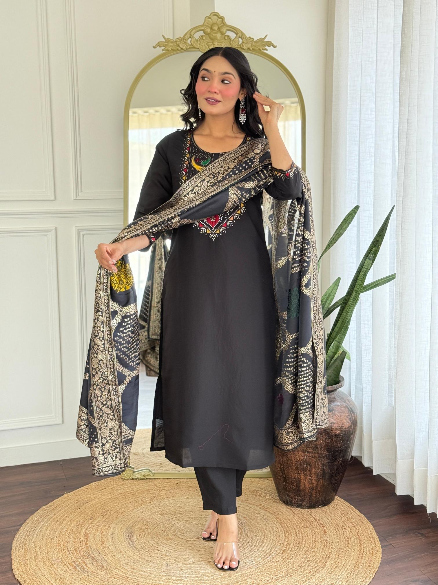 Black Roman Silk Printed Salwar Suit