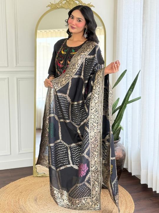 Black Roman Silk Printed Salwar Suit — alternate view