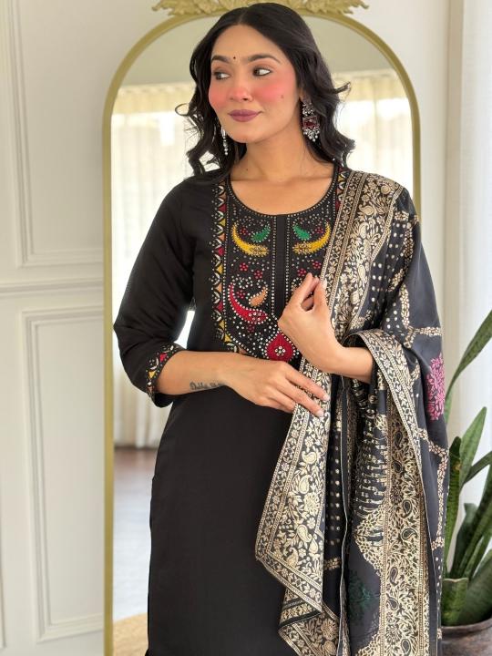Black Roman Silk Printed Salwar Suit
