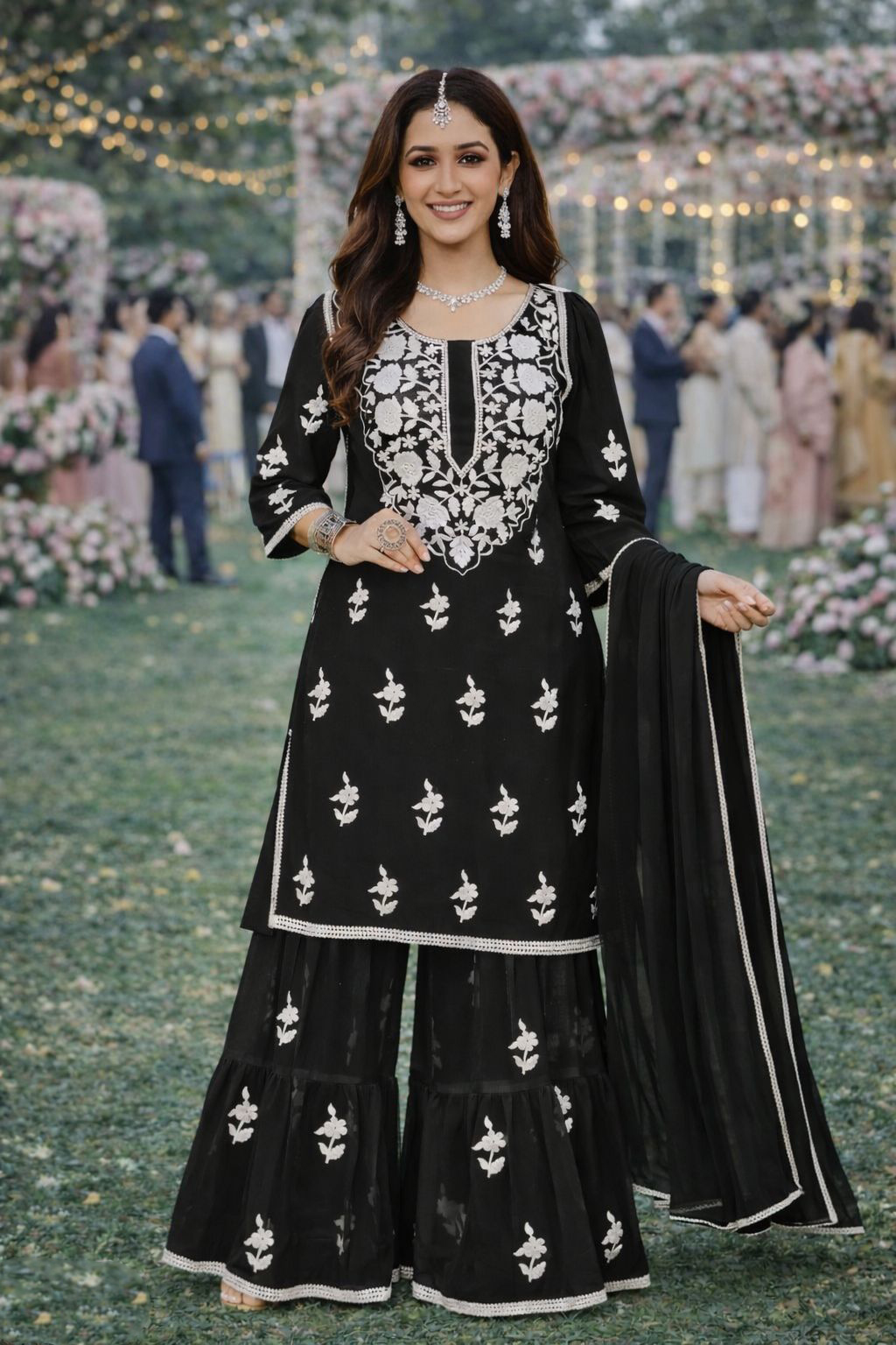 Black Round Neck Designer Georgette Sharara Suit