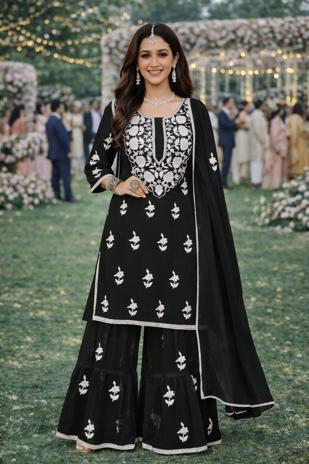Black Round Neck Designer Georgette Sharara Suit