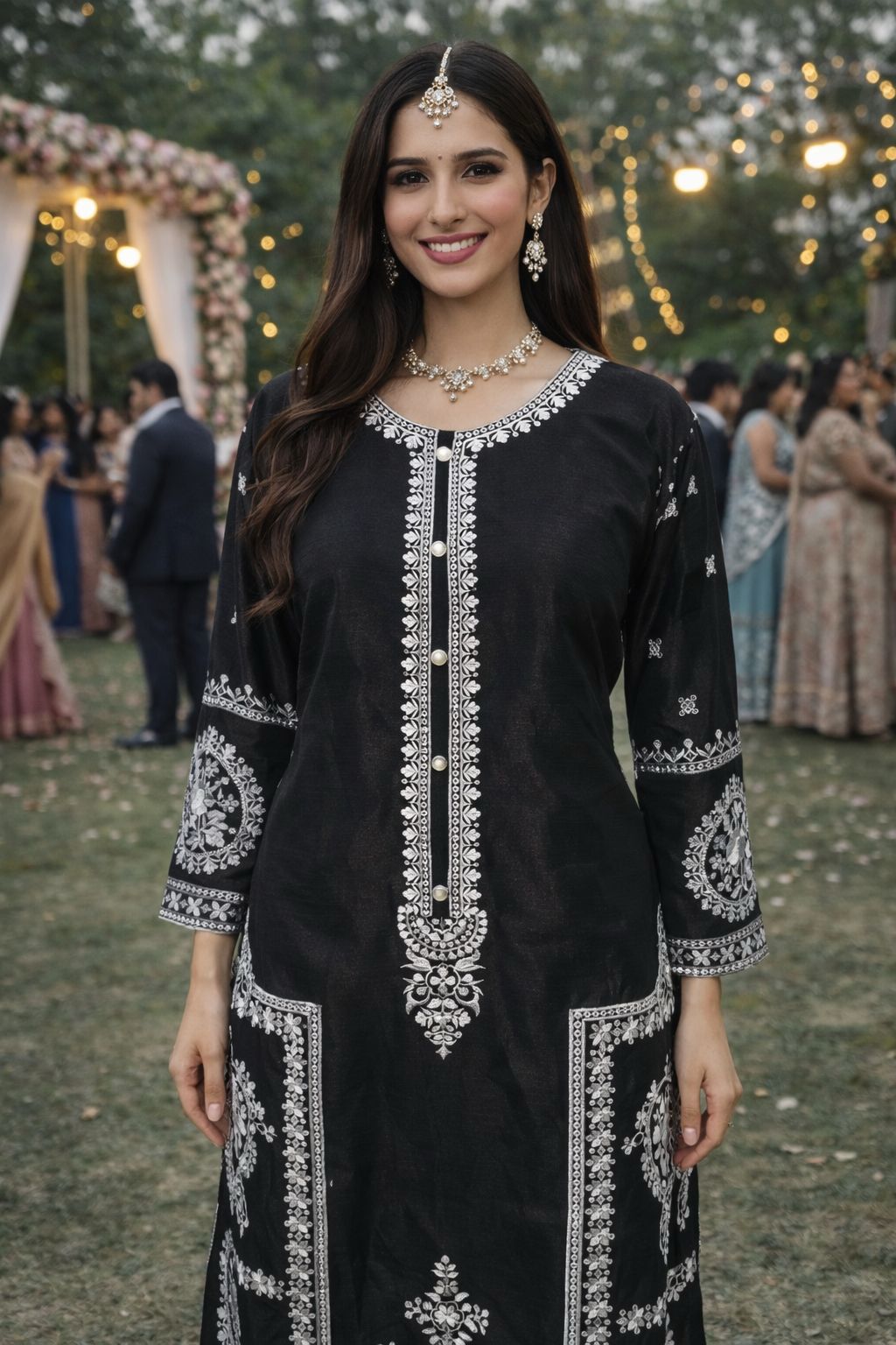 Black Round Neck Embroidered Chinon Straight Pant Suit — alternate view