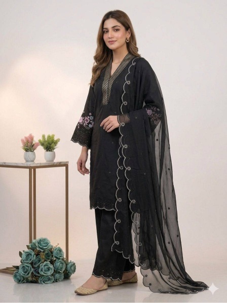 Black Sequins Embroidered Mal Chanderi Silk Salwar Suit — alternate view