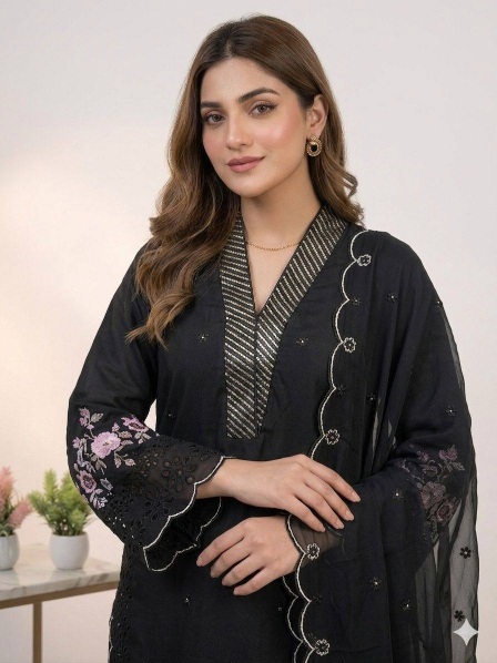 Black Sequins Embroidered Mal Chanderi Silk Salwar Suit