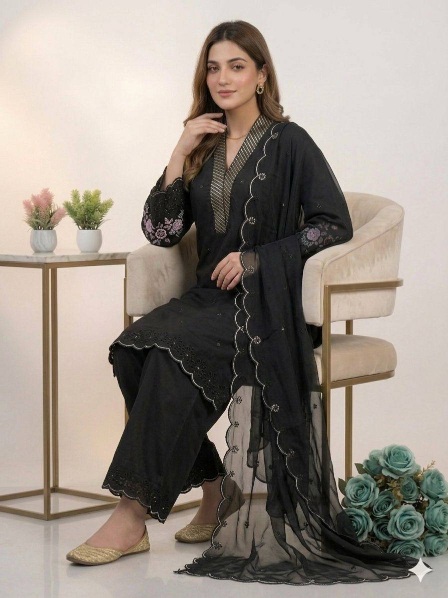 Black Sequins Embroidered Mal Chanderi Silk Salwar Suit