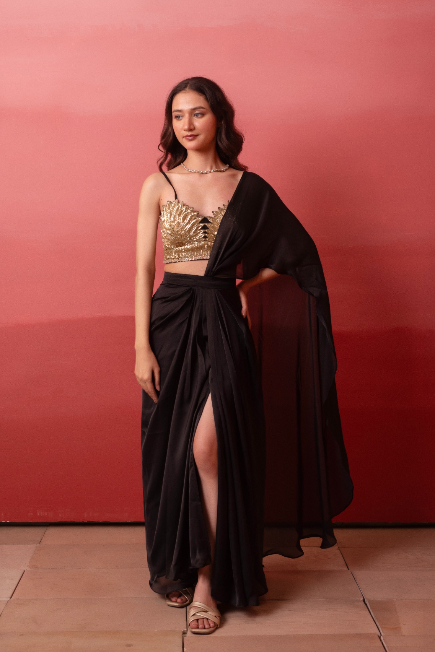 Black Sequence Work Satin Ready To Wear Saree