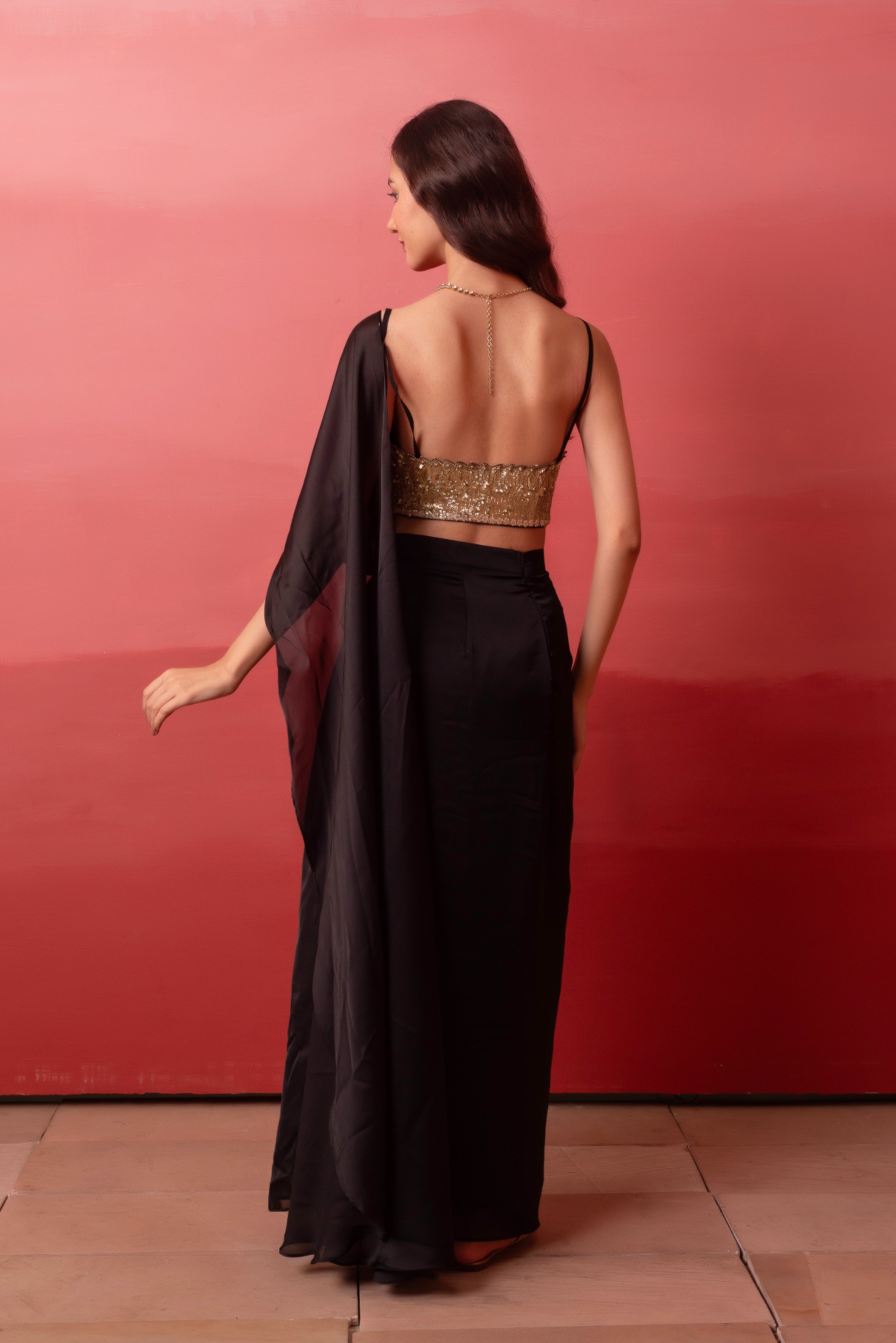 Black Sequence Work Satin Ready To Wear Saree — alternate view
