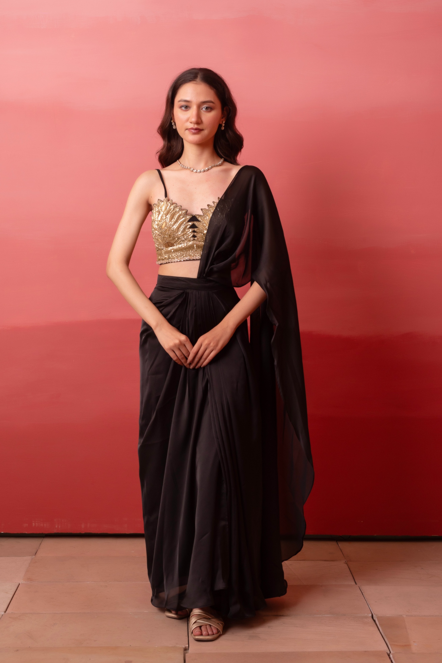 Black Sequence Work Satin Ready To Wear Saree