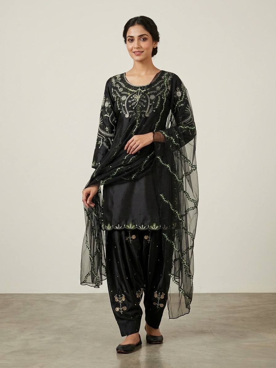 Black Sequinsd Satin Semi-Patiala Suit