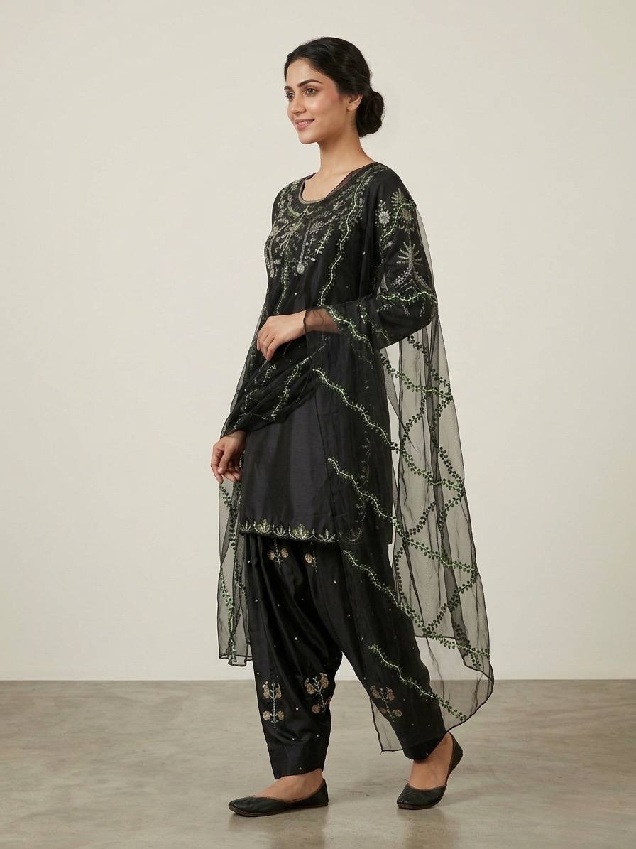 Black Sequinsd Satin Semi-Patiala Suit — alternate view